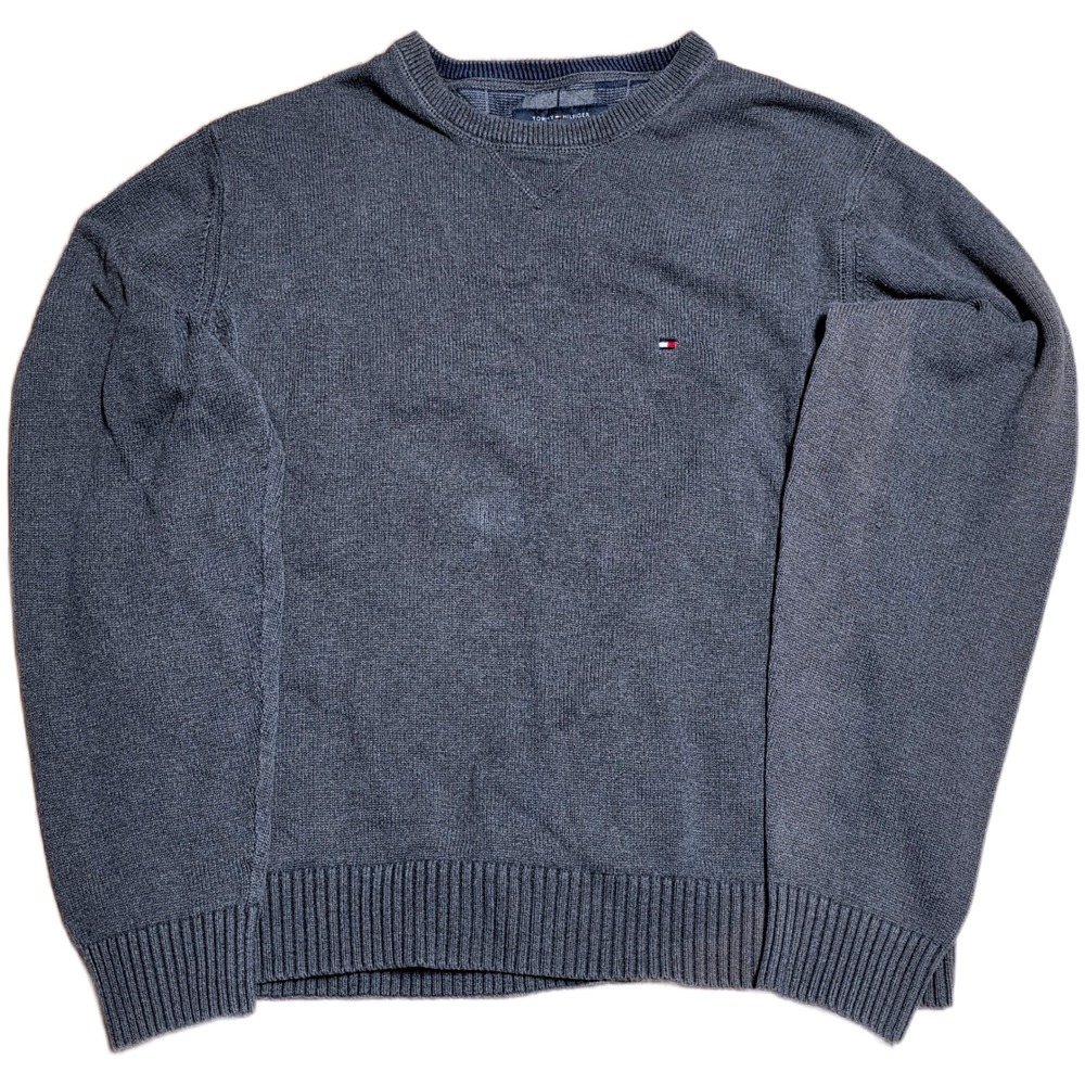Tommy Hilfiger V Neck Sweater Men's Size L Gray Ribbed Cuffs Logo Accent